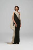 Nocturne Black Crepe Gown With Chiffon Contrast for women, from POEM, The Viet Concept