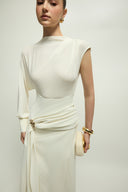 Orlean Dress Asymmetric Brooch Crepe Jersey Gown for women, from JENNY K TRAN, The Viet Concept 