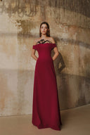 L' SCARLETT • Scarlet Floral Crystal-Beaded Off-Shoulder Poly Crepe Maxi Dress