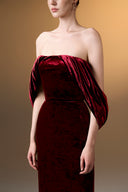 IHF ATELIER • Azure Grace Strapless Pleated Sleeve Column Gown In Blue Grain Velvet