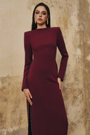 L' SCARLETT • Crystal-Beaded Side-Slit Long-Sleeve Crepe Midi Dress