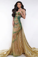 DO LONG • Emerald Gold Embellished Mermaid Evening Gown