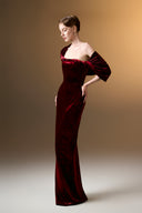 IHF ATELIER • Azure Grace Strapless Pleated Sleeve Column Gown In Blue Grain Velvet
