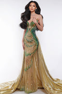 DO LONG • Emerald Gold Embellished Mermaid Evening Gown