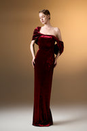 IHF ATELIER • Azure Grace Strapless Pleated Sleeve Column Gown In Blue Grain Velvet