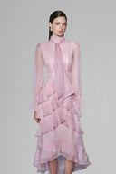 Lavel Layered Tie Neck Organza Midi Dress for women, from White Plan, The Viet Concept
