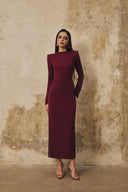 L' SCARLETT • Crystal-Beaded Side-Slit Long-Sleeve Crepe Midi Dress