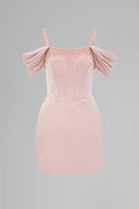 Blush Pink Corset Mini Dress with Ruffled Sleeves and Crystal Embellishment for women, from IHF STUDIO, The Viet Concept 