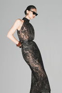 Black Maeve Halter Neck Lace Bodysuit for women, from HUONG, the Viet Concept 
