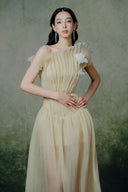 Goldenette Couture Asymmetric Pleated Chiffon A-Line Gown for women, from LINH PHUNG, The Viet Concept