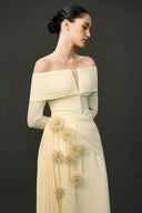 EEGEN STUDIO • Ivory Draped Waist Off Shoulder Column Dress