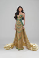 DO LONG • Emerald Gold Embellished Mermaid Evening Gown