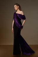 IHF ATELIER • Black Crepe & Purple Silk Asymmetric Draped Column Gown