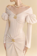LINH PHUNG • Vanille Velvet Corset Midi Dress with Gold Brooch Details