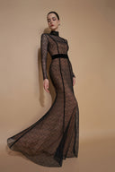 Lace Stand Collar Mermaid Gown With Velvet Bow Belt for women, from IHF ATELIER, The Viet Concept 