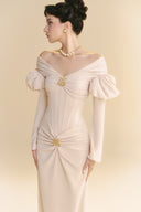 LINH PHUNG • Vanille Velvet Corset Midi Dress with Gold Brooch Details