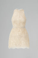 Celestine Beige Pearl-Embellished Mesh Halter Mini Dress for women, from IHF STUDIO, The Viet Concept