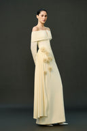 EEGEN STUDIO • Ivory Draped Waist Off Shoulder Column Dress