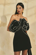 L' SCARLETT • Draped Crystal Floral Off-Shoulder Mini Dress