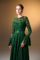 IHF ATELIER • Emerald Reverie French Lace A-Line Gown With Ruffled Sleeves