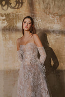 L' SCARLETT • Glitter Lace Off-Shoulder 3D Crystal Flower A-Line Maxi Dress