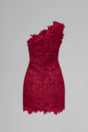 Red Floral Lace One-Shoulder Pearl Cluster Mini Dress for women, from IHF STUDIO, The Viet Concept 