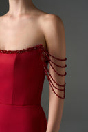 IHF STUDIO • Noir Crimson Crystal Off-Shoulder Silk Taffeta Corset Gown