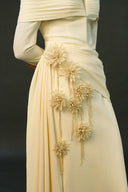 EEGEN STUDIO • Ivory Draped Waist Off Shoulder Column Dress