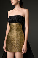 Aurelia Gold Metallic Jacquard Bustier Train Mini Dress for women, from IHF STUDIO, The Viet Concept