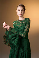 IHF ATELIER • Emerald Reverie French Lace A-Line Gown With Ruffled Sleeves