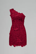 Red Floral Lace One-Shoulder Pearl Cluster Mini Dress for women, from IHF STUDIO, The Viet Concept 