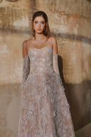L' SCARLETT • Glitter Lace Off-Shoulder 3D Crystal Flower A-Line Maxi Dress