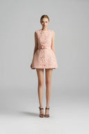 Pink Lace Structured Mini Dress with Puff Hips and Crystal Bow Belt for women, from IHF STUDIO, The Viet Concept 