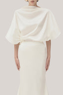 White Xuan Di Straight Batwing Sleeved Satin Top for women, from TINH, The Viet Concept 