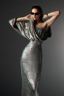 Lustre Champagne Metallic Satin Lamé Draped Off-Shoulder Gown for women, from SORAMAME, The Viet Concept