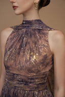 Bottle Neck Purple Tie-Dye Metallic Chiffon A-Line Gown Ruffle Train for women, from IHF ATELIER, The Viet Concept 