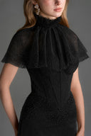 IHF STUDIO • Vine Guipure Lace & Silk Taffeta Bustier Midi Dress with Mini Cape