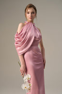 Pink Satin Silk Asymmetric Pleated Halter Gown for women, from IHF ATELIER, The Viet Concept