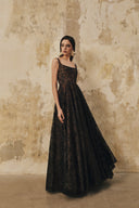 L' SCARLETT • Flared Crystal-Beaded Glitter Lace U-Neck Maxi Dress