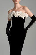 IHF STUDIO • Off Shoulder Velvet Column Gown with Handmade Rosette Appliqués