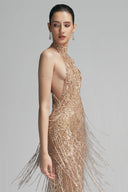 Beige Halter Glass Beaded Olivia Gown For Women, from DUONG ATELIER, The Viet Concept