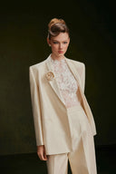 VONTIER DE MONTIER • Tailored Textured Rose-Lapel Silk Kate Collarless Blazer in Cream Beige