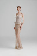 DO LONG • Nude Strapless Crystal Embellished Peplum Gown