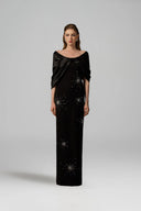 IHF ATELIER • V Neck Draped Crystal-Embellished Black Crepe Column Gown