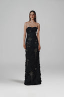 L' SCARLETT • Crystal Floral Fringe Brocade Maxi Dress