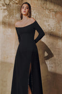 L' SCARLETT • Cold-Shoulder Crystal Embellished Crepe Front-Slit Maxi Dress