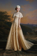 MADDY HATES ROSE • Vespera Champagne Lace & Tulle Floor-Length Gown