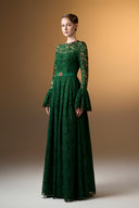 IHF ATELIER • Emerald Reverie French Lace A-Line Gown With Ruffled Sleeves