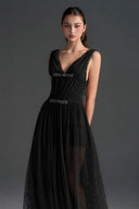 IHF STUDIO • Vine Guipure Lace V-Neck Crystal Bow Midi Dress