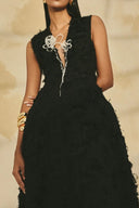 L' SCARLETT • Flared V-Neck 3D Crystal Flower Jacquard Maxi Dress